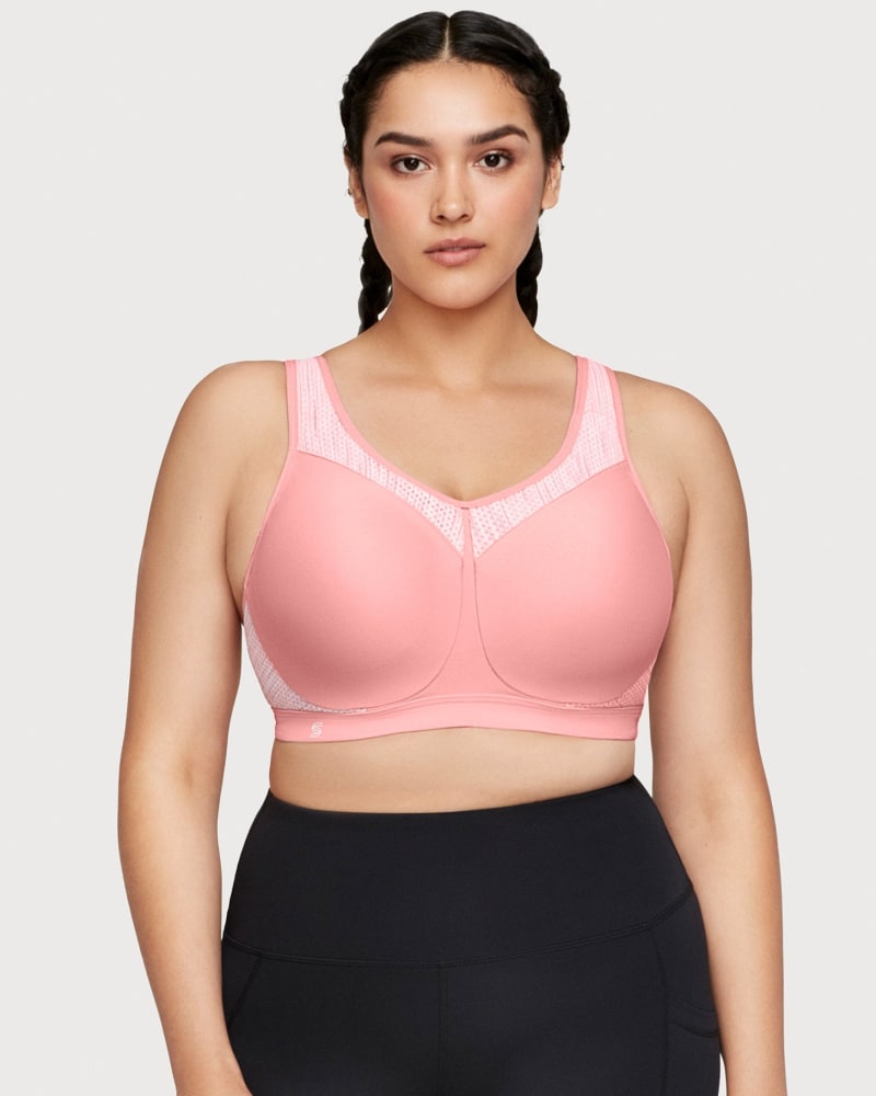 Front of a model wearing a size 38F High Impact Underwire Sports Bra in Pink Blush Print by Glamorise Sport. | dia_product_style_image_id:260764